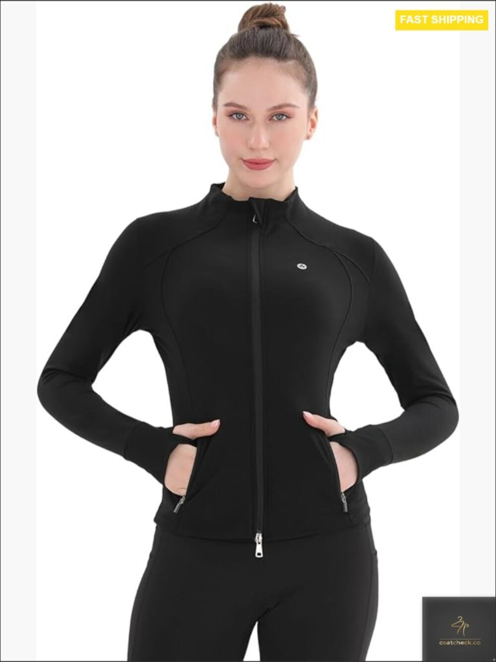 Performance Stretch Fleece Lined Running Jacket Stand Collar 2-Way Zip 4 Pockets